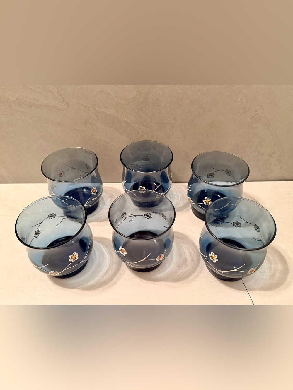 Vintage Libbey Smokey Blue Dogwood Floral Low Ball Glasses Set of Six Excellent - Picture 2 of 6